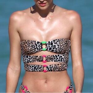 Reina Olga Leopard Print Neon Rings Bikini Top Beachwear Sexy Size Medium